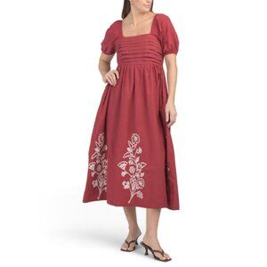 JAPNA Oxblood Puff Sleeve Embroidered Maxi Dress